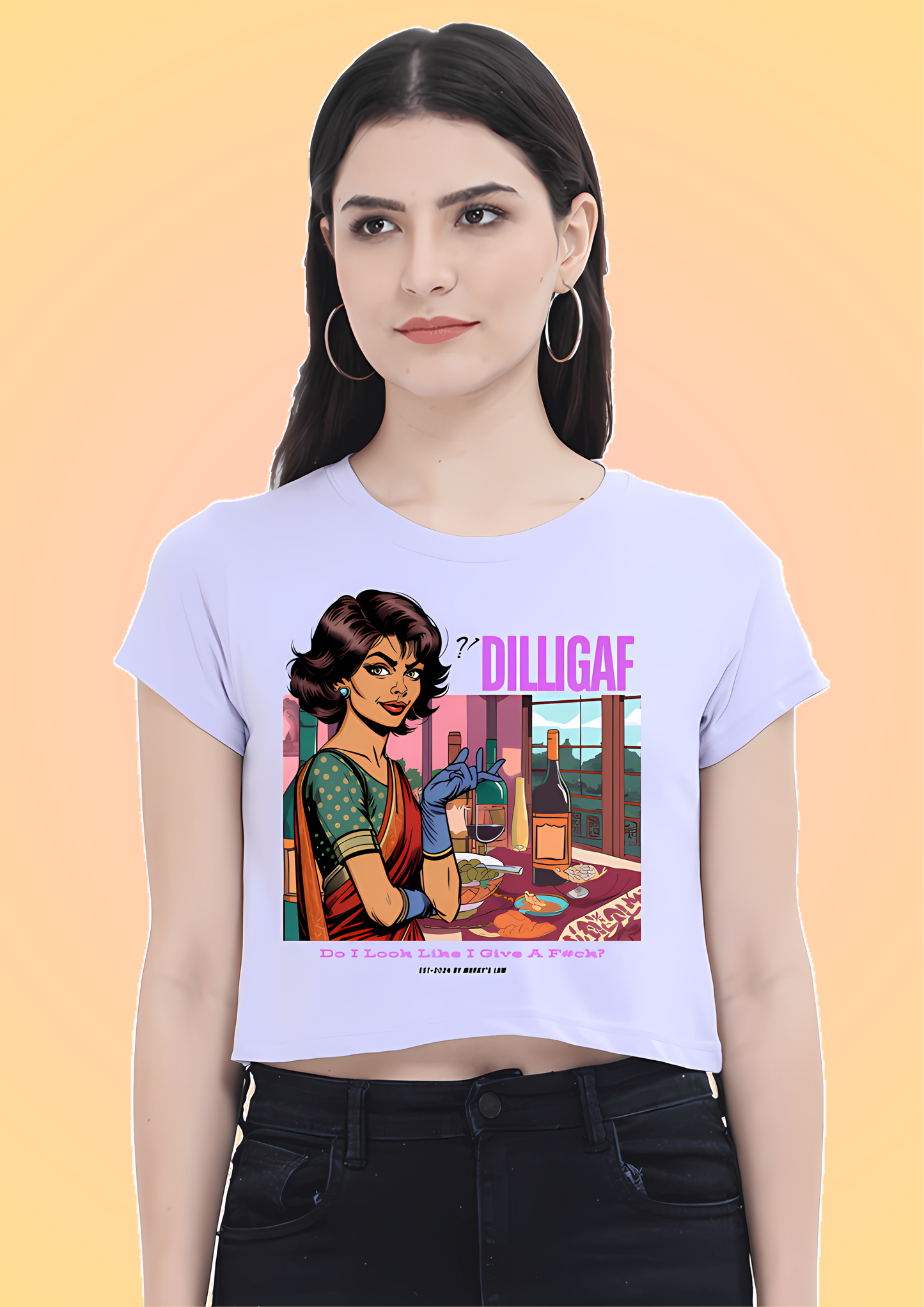 Woman in a lavender crop top with a vintage-style graphic of a lady holding a wine glass, featuring the text 'DILLIGAF' and 'Do I Look Like I Give A F*ck?