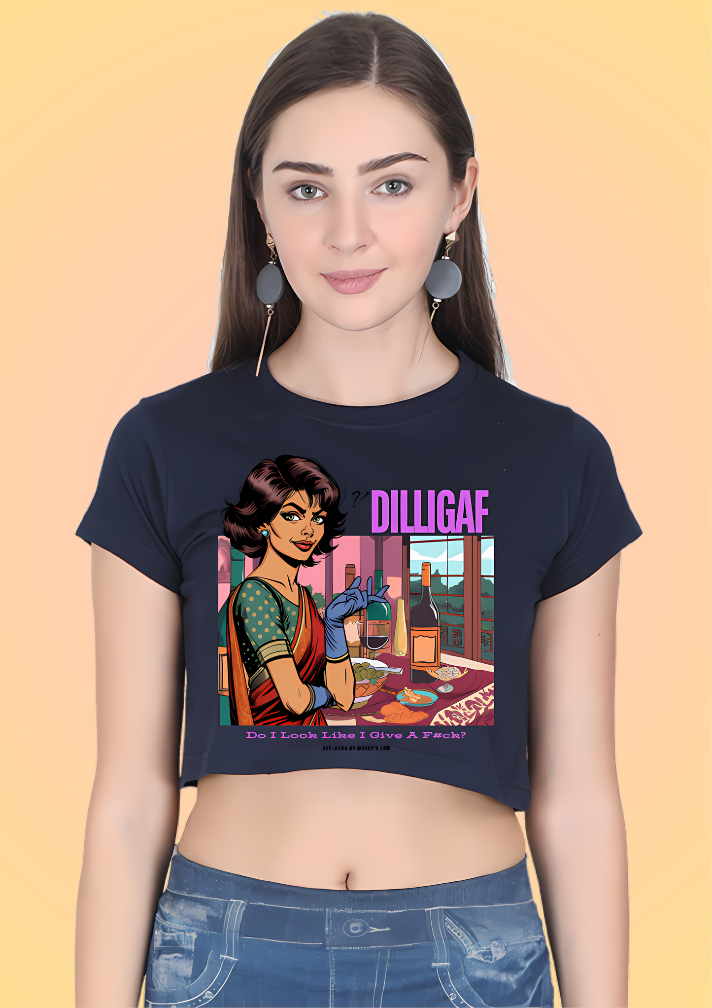 Woman in a navy blue crop top with a vintage-style graphic of a lady holding a wine glass, featuring the text 'DILLIGAF' and 'Do I Look Like I Give A F*ck?