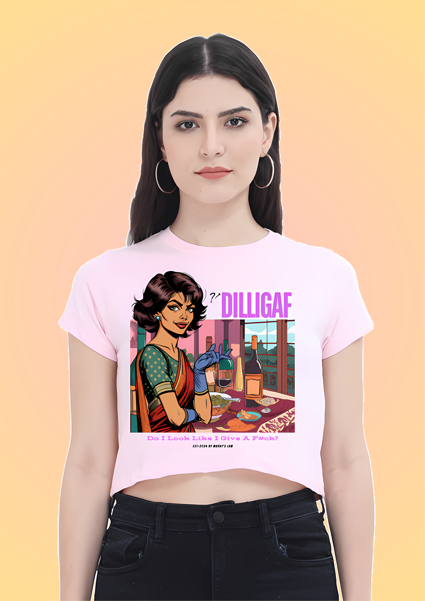 Woman in a Baby pink crop top with a vintage-style graphic of a lady holding a wine glass, featuring the text 'DILLIGAF' and 'Do I Look Like I Give A F*ck?