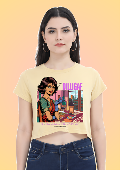 Woman in a Golden Yellow crop top with a vintage-style graphic of a lady holding a wine glass, featuring the text 'DILLIGAF' and 'Do I Look Like I Give A F*ck?