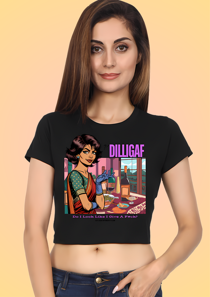 Woman in a black crop top with a vintage-style graphic of a lady holding a wine glass, featuring the text 'DILLIGAF' and 'Do I Look Like I Give A F*ck?