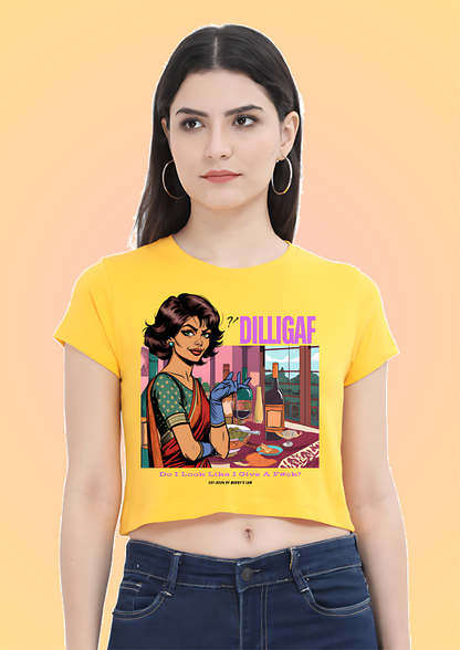 Woman in a yellow crop top with a vintage-style graphic of a lady holding a wine glass, featuring the text 'DILLIGAF' and 'Do I Look Like I Give A F*ck?