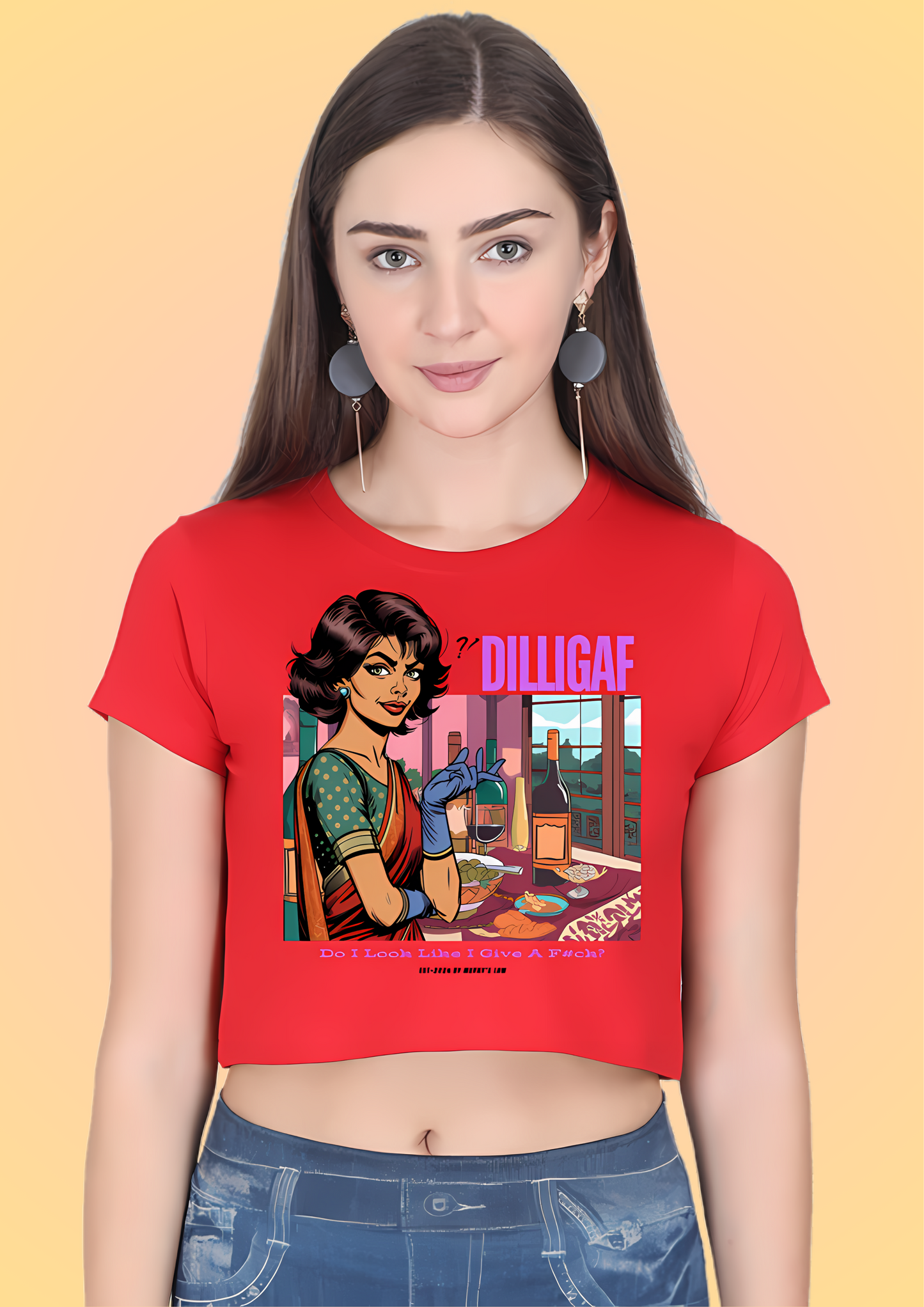 Woman in a red crop top with a vintage-style graphic of a lady holding a wine glass, featuring the text 'DILLIGAF' and 'Do I Look Like I Give A F*ck?