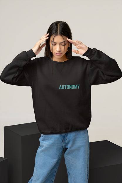 A female wearing a best quality sweatshirt of black color with Autonomy written over it